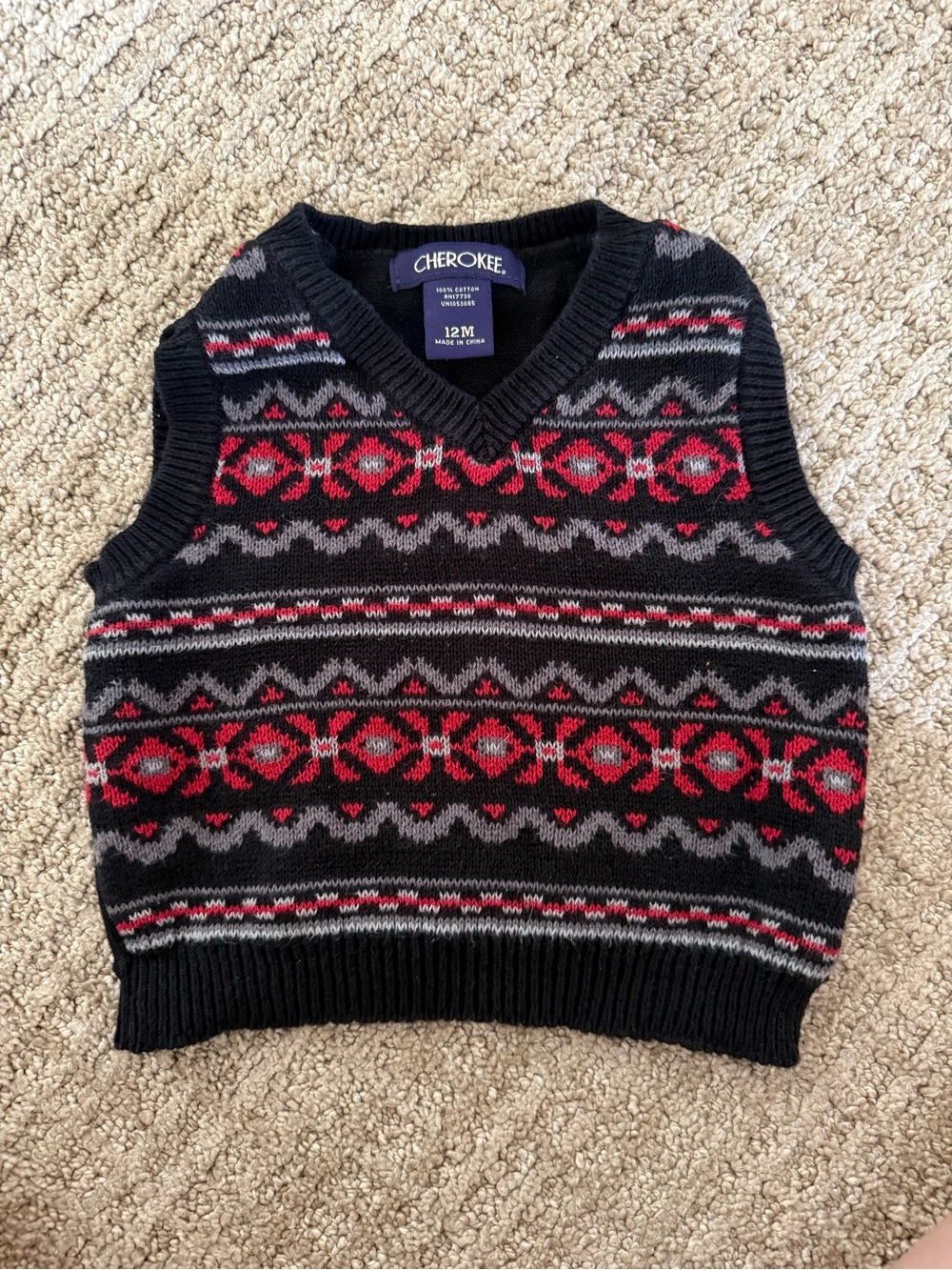 Cherokee Black, Red & Gray Fair Isle V-Neck Sweater Vest